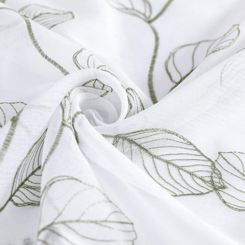 Topick White Sheer Kitchen Curtains with Sage Green Leaf Embroidery, 36 Inch Rod Pocket, 2 Panels for Short Windows