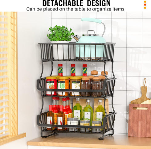 3-Tier (1 Pack) Gsiekare Rolling Pantry Organizer and Storage Cart with Wheels Stackable Wire Snack Cart for Kitchen