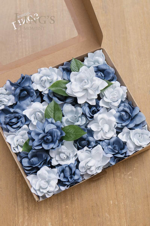Ling's Moment 25pcs Fake Gardenia Blue Flowers, Artificial Flowers with Stem for DIY Wedding Decorations