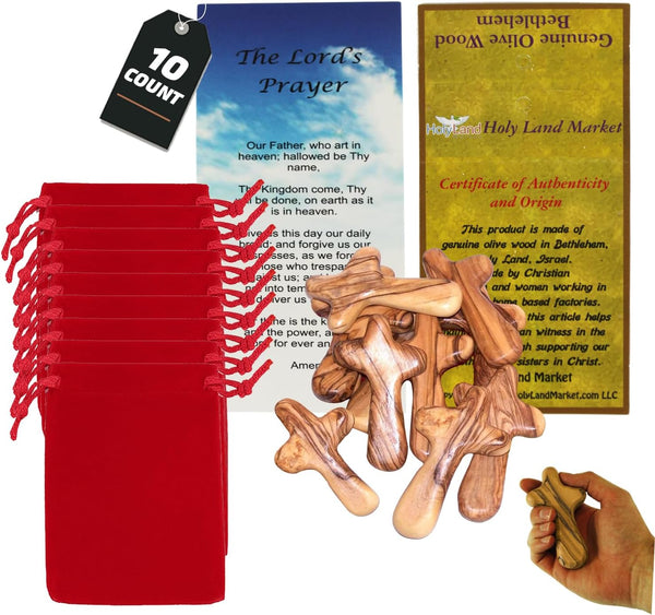 10 Olive Wood Holding Hand Crosses with Gift Bags in Red or Black Velvet