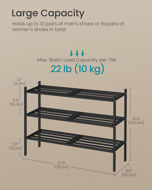 Closet, 3-Tier, 12-16 ULBS053BH01 SONGMICS Bamboo Shoe Rack for Stackable Shoe Oragnizer with Modular Structure