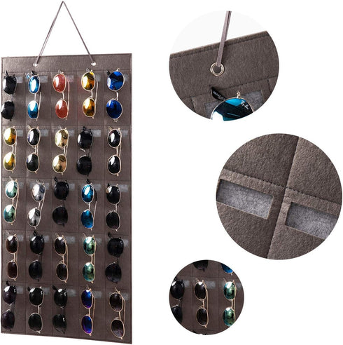 Sunglasses Organizer Storage, Hanging Eyeglasses Wall Pocket Mounted, 25 Slots, Black, Large