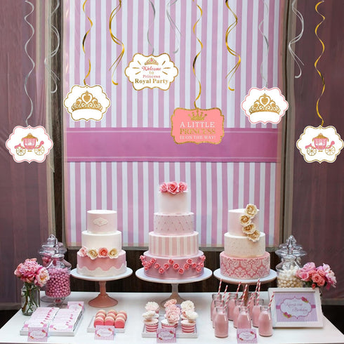 LINGTEER A Little Princess Royal Crown - 12 pcs Pink Swirls Streamers for Baby Girl Birthday Shower Decorations