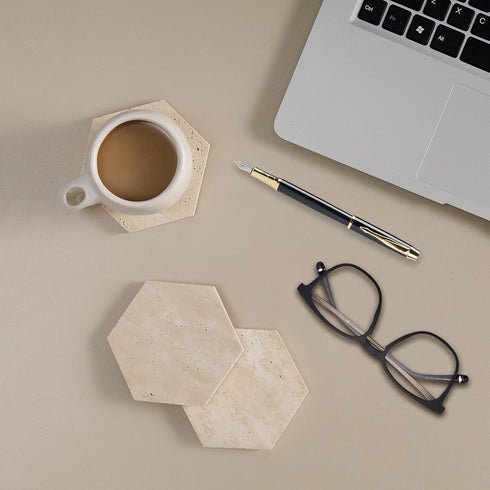 YONGHEE Set 6 Travertine Coasters of with Holder, Hexagonal Rustic Farmhouse Beige Marble Drink Coasters for Coffee