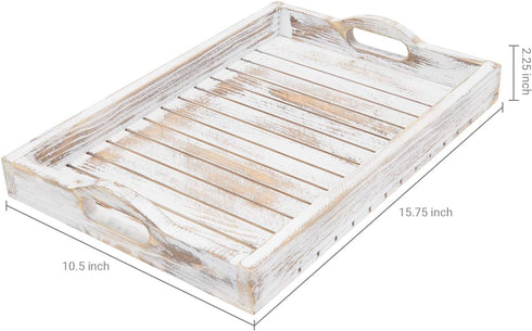 16 11 Inches MyGift Shabby Chic Whitewashed Wood Breakfast Serving Tray with Cutout Handles with Slatted Design