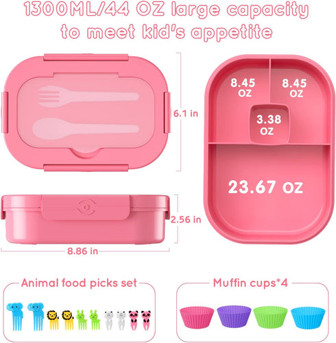 Bento Box, 44oz 4 Compartment Lunch Container with Cutlery for Kid/Adult/Toddler, Leak Proof, BPA Free (Pink)