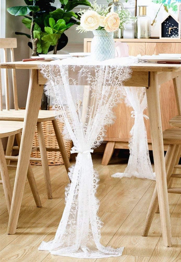 BOXAN 30x120 Inch Vintage White Lace Wedding Table Runner – Rose Floral Table Overlay for Rustic Boho Wedding Decor