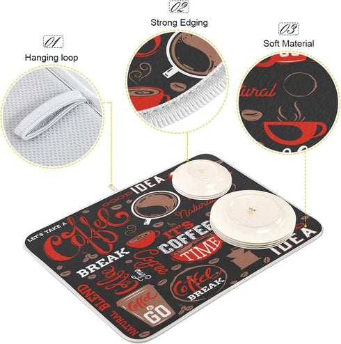 Coffee Theme Dish Drying Mat 18 x 24 Inch, Absorbent Microfiber Pad for Kitchen Counter, Drainer Mat for Dishes