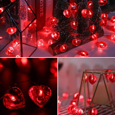 2 Pack 100LED 8 Valentines Day Decor, Total Modes Battery Operated w/Timer Diamond Cut Red Heart Twinkle Fairy String