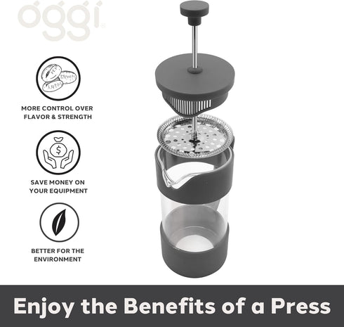 Oggi French Press Coffee Maker (12oz) - Borosilicate Glass, Single Cup French Press, Charcoal