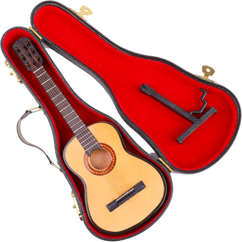Dselvgvu (9.84"x3.62"x1.18") Wooden Miniature Guitar with Stand and Case Mini Musical Instrument Guitar Replica