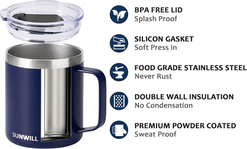 SUNWILL Insulated Coffee Mug with Lid, 14oz Travel Tumbler with Handle, Stainless Steel Cup for Camping, Navy Blue