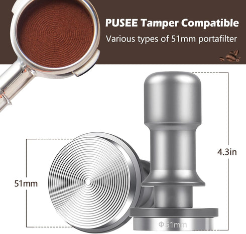 PUSEE 51mm Premium Espresso Coffee Tamper, 30lb Calibrated, 100% Stainless Steel, Spring Loaded for Barista Accessories
