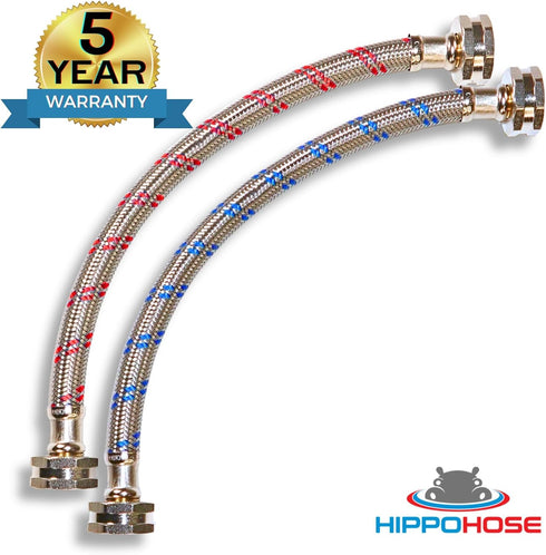 Washing Machine Hoses (1FT) - Braided Stainless Steel, Universal Fit for All Wash Machines, 2 Pack
