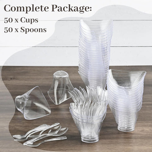 50 Pack 4 oz TOFLEN Plastic Dessert Cups with Spoons, Irregular Triangular Mini Dessert Bowls for Party Trifle, Yogurt