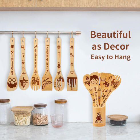 Harry Gifts for Women Kitchen Accessories Wooden Spoons for Cooking Utensils Set 7pcs Magic Wizard Spoon for Wedding&Housewarming-Wooden Spatula for Birthday Gift
