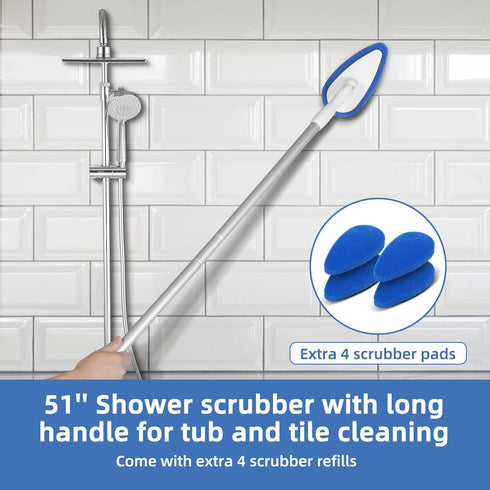 Qaestfy Shower Bathtub Scrubber Brush - 51'' Handle, 5 Non-Scratch Pads, Adjustable Long Handle for Cleaning Shower,