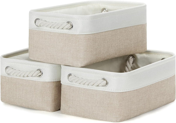 Bidtakay Small Fabric Storage Baskets, 3-Pack Collapsible 12x8x5 Inch Canvas Bins for Closet Organization - S-White &