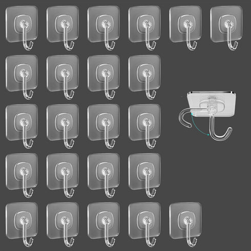 TocTen 24 Pack Heavy Duty Adhesive Hooks, 30lb Max, Damage Free Self-Adhesive Clear Wall Hooks for Bathroom Kitchen