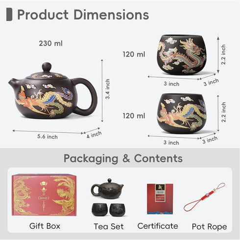 Set (Teapot+2*Cups) Hand-made Dragon and Phoenix Color-changing Purple Clay Teapot Zisha Tea Pot Kung Fu Tea Tea Lovers