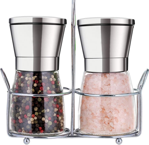 Premium Salt and Pepper Grinder Set with Stand - Stainless Steel Manual Spice Adjustable Coarseness (Pack of 2)