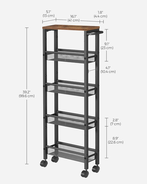 VASAGLE Slim Rolling Cart, 5-Tier Storage Cart with Handle, 5.1 Inches Deep Metal Frame for Kitchen, Dining Room, Home