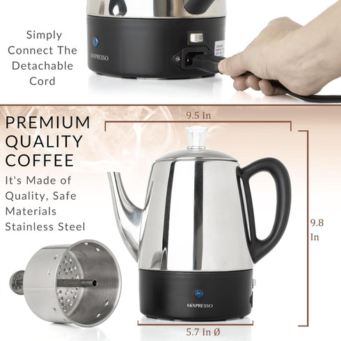 4 Mixpresso Small Electric Percolator Coffee Pot Cup Stainless Steel - Coffee Percolator Electric with Keep Warm