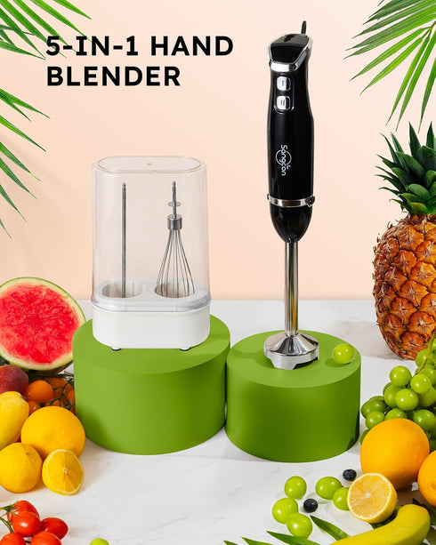 Sangcon 5-in-1 Immersion Blender Handheld, Hand Blender with 1000ml Blending Cup Storage Base, 2-Speed Adjustable Stick Blender, 304 Stainless Steel Blades, Detachable Blender, Whisk, Milk Frother by sangcon