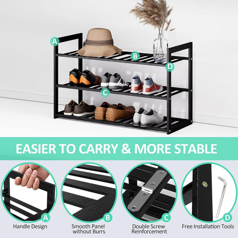 Closet, 3 32.5inch 12-15 Jripae Bamboo Shoe Rack for Tier Longer Shoe Organizer Shelf Holder Storage Pairs Stackable