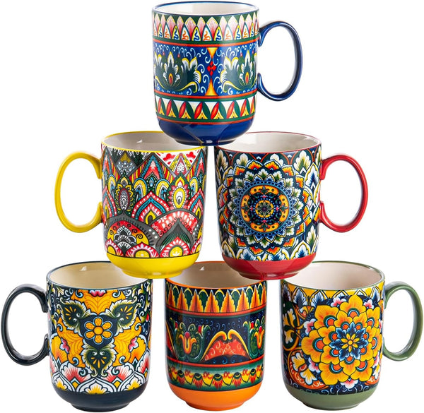 Henten Home Porcelain Coffee Mug Set of 6, 14 oz Colorful Latte