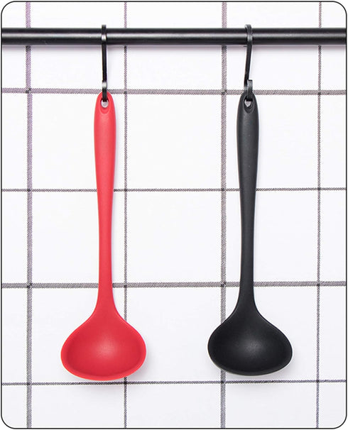 Silicone Soup Ladle Spoon Set of 2, Nonstick Heat Resistant, Long Handle, Big Round Scoop, Red and Black