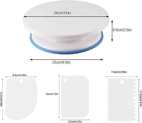 KNC 11 Inch Rotating Cake Turntable with 3x Icing Smoother, Cake Decorating Tools, White Baking Supplies