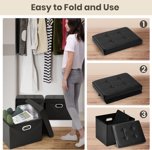 17x13x13in COSYLAND Ottoman with Storage Folding Leather Ottoman Footrest Foot Stool Black Ottoman for Room Small