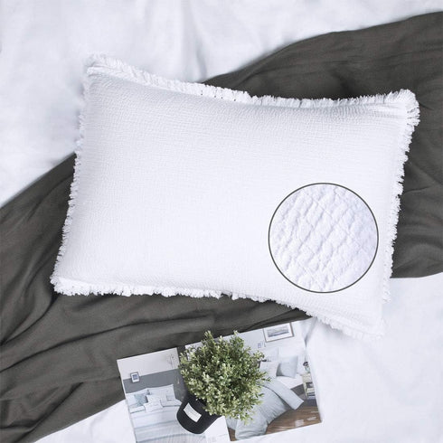 YINFUNG Quilted Pillow Sham White, Standard Set of 2 Muslin Cotton Tassel Fringe Pillowcases
