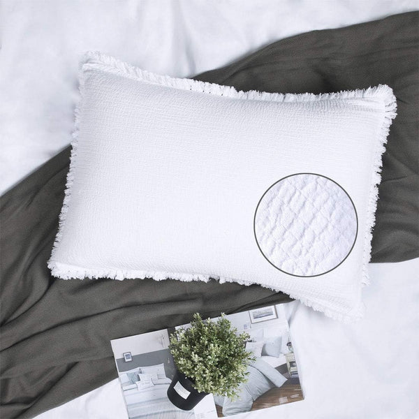 YINFUNG Quilted Pillow Sham White, Standard Set of 2 Muslin Cotton Tassel Fringe Pillowcases
