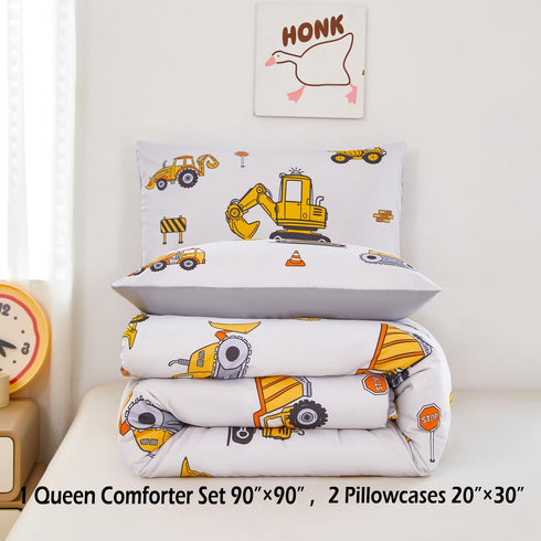 Sets Sets 3 Set ZRNBAST Construction Queen Bedding for Boys Kids Beige Cartoon Cars Excavator Tractor Comforter Pcs