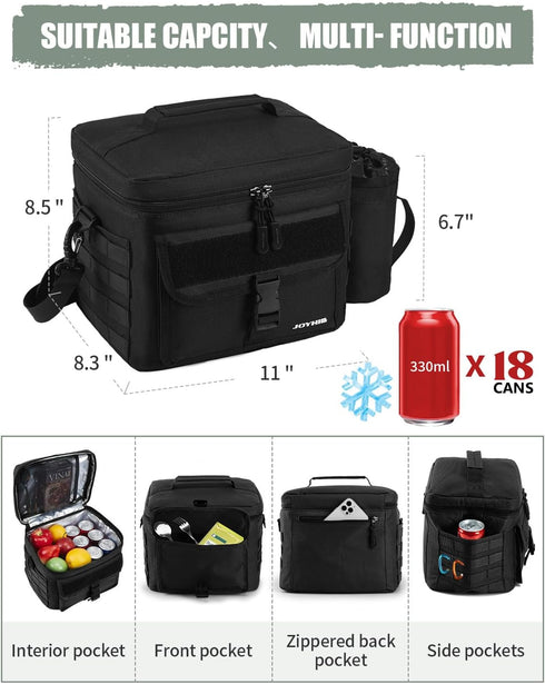 JOYHILL Tactical Lunch Box for Men, Insulated Lunch Bag with Detachable Bottle Pouch, Black, 13 L/18 Can