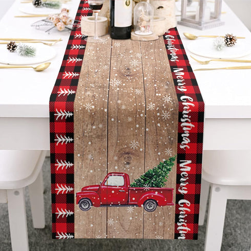 Christmas Table Runner 72 Inch Truck with Xmas Trees, Red Black Buffalo Plaid Cotton Linen for Holiday Party