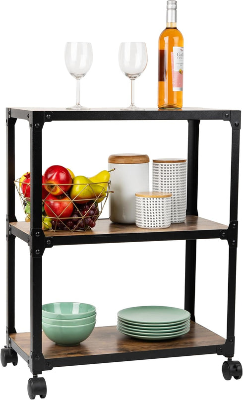 Mind Reader Bar Cart - Rolling 3-Tier Kitchen Cart, Microwave Stand, Wood/Metal, 23"L x 12"W x 29.5"H, Brown