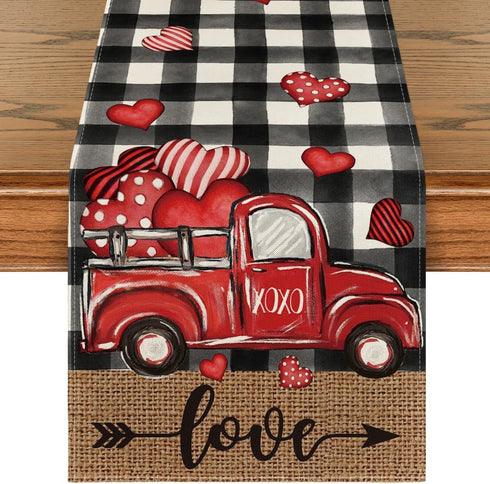Artoid Mode Watercolor Buffalo Plaid Hearts Truck Love Valentine's Day Table Runner, 13 x 36 Inch Kitchen Dining Table
