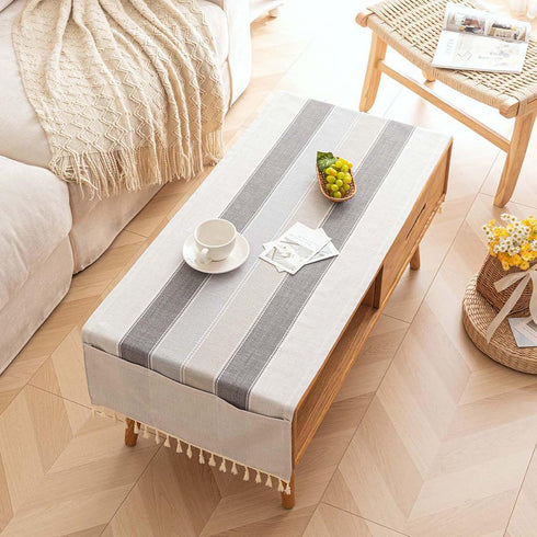 20" 60" Waterproof Coffee Table Cover, Rectangle Cotton Linen Coffee Table Cloth With Pockets And Tassel For Living