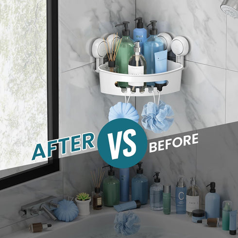 TAILI Corner Shower Caddy with Suction Cups, Wall Mounted Organizer Plastic Rack for Small Bathrooms, Kitchen