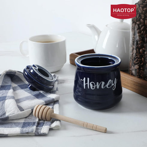 Set 12oz,Easy HAOTOP Farmhouse Porcelain Honey Jar with Dipper and Lid to Clean (Navy)