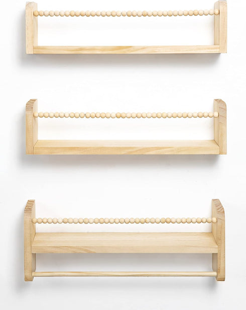 Set 3 Maxpeuvon Nursery Floating Shelves for Wall, of Book Shelves Natural Wood Wall Mounted Organizer with Towel Bar
