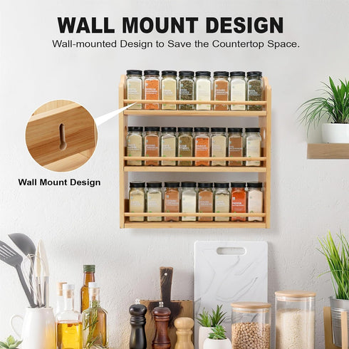 3 Counter Tier Bamboo Spice Rack, Spice Rack Organizer, Seasoning Jars Rack Shelf Spice Organizer for Kitchen or Wall