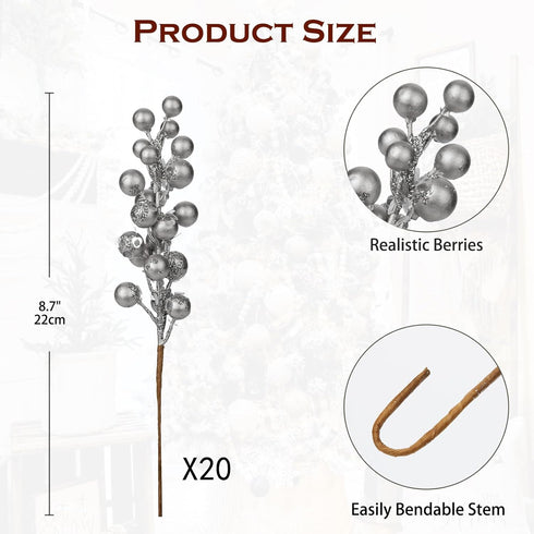 20 8.7" Briful PCS Artificial Christmas Berry Picks, Faux Berry Stems Spray with Glitter Paillette for DIY Crafts