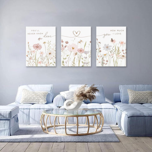 DAXINGJ Set 3, 24x16 Rustic Floral Wall Art of Watercolor Wildflower Prints with Heart Line and Inspirational Quotes