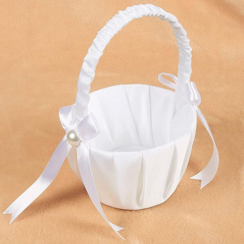 White Flower Girl Basket with Satin Bowknot & Pearl Design - 8 x 5.2 x 6 Inch, Ideal for Wedding Party Accessories