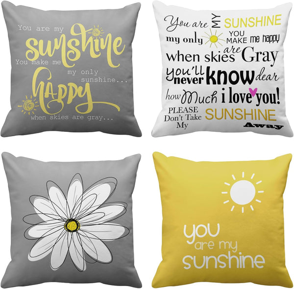 Emvency Set of 4 Decorative Throw Pillow Covers, You are My Sunshine Yellow Gray, Square 18x18 Inches Pillowcases