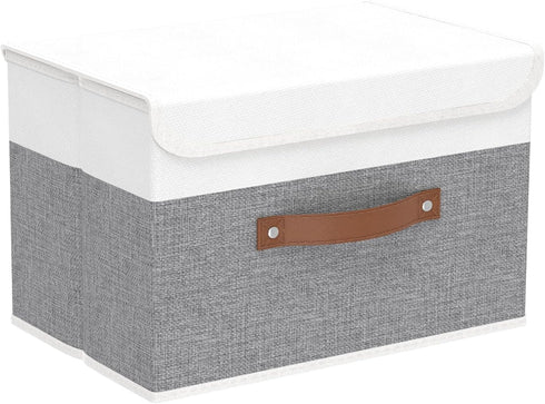 Yawinhe Storage Boxes with Lids, Linen Fabric Bin, Cube Organizer Basket, Washable, White/Grey, 1-Pack